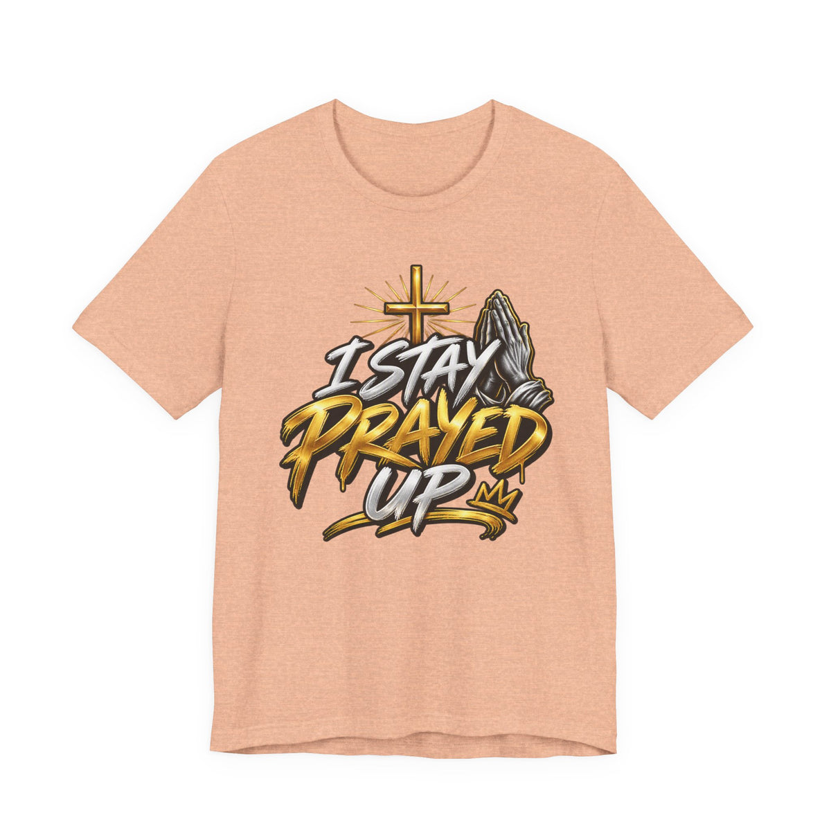 I Stay Prayed Up Tee — Inspirational Christian Graphic T-Shirt with Cross & Praying Hands