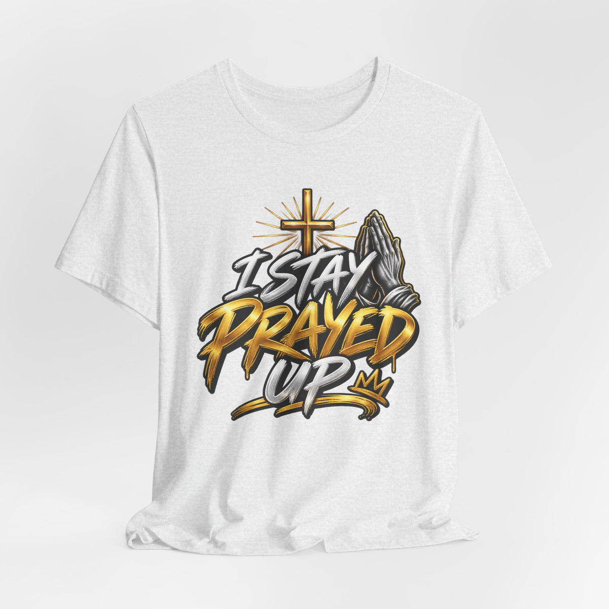 I Stay Prayed Up Tee — Inspirational Christian Graphic T-Shirt with Cross & Praying Hands