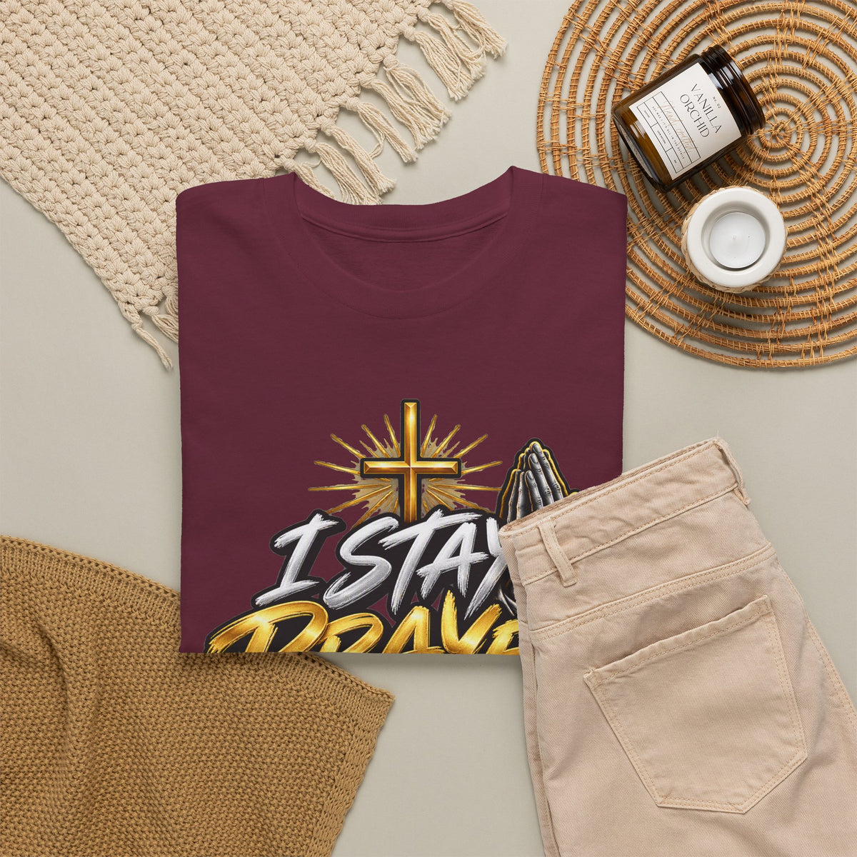 I Stay Prayed Up Tee — Christian Faith Prayer T-Shirt with Cross & Praying Hands