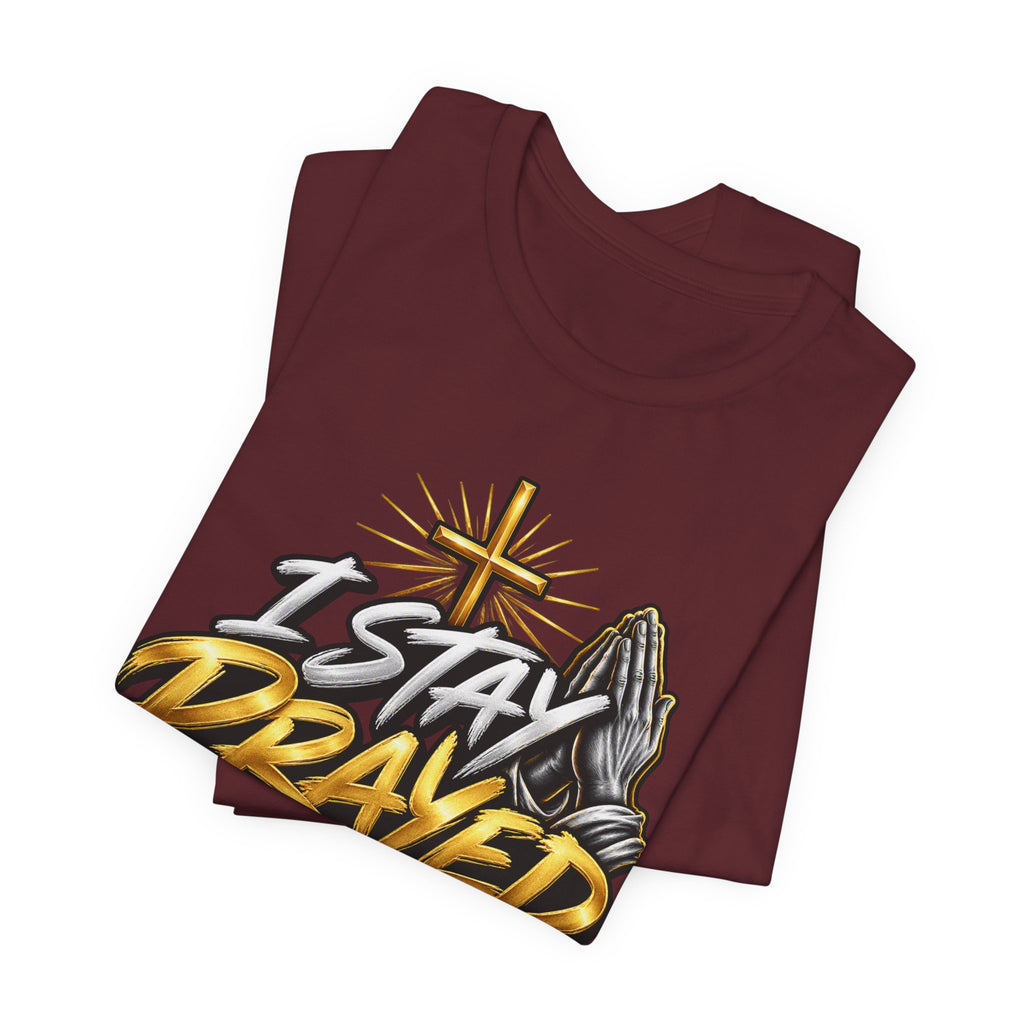 I Stay Prayed Up Tee — Inspirational Christian Graphic T-Shirt with Cross & Praying Hands