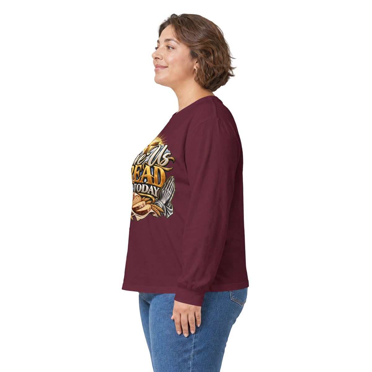 Long Sleeve Tee — "Give Us Bread For Today" Christian Faith Prayer Graphic Shirt